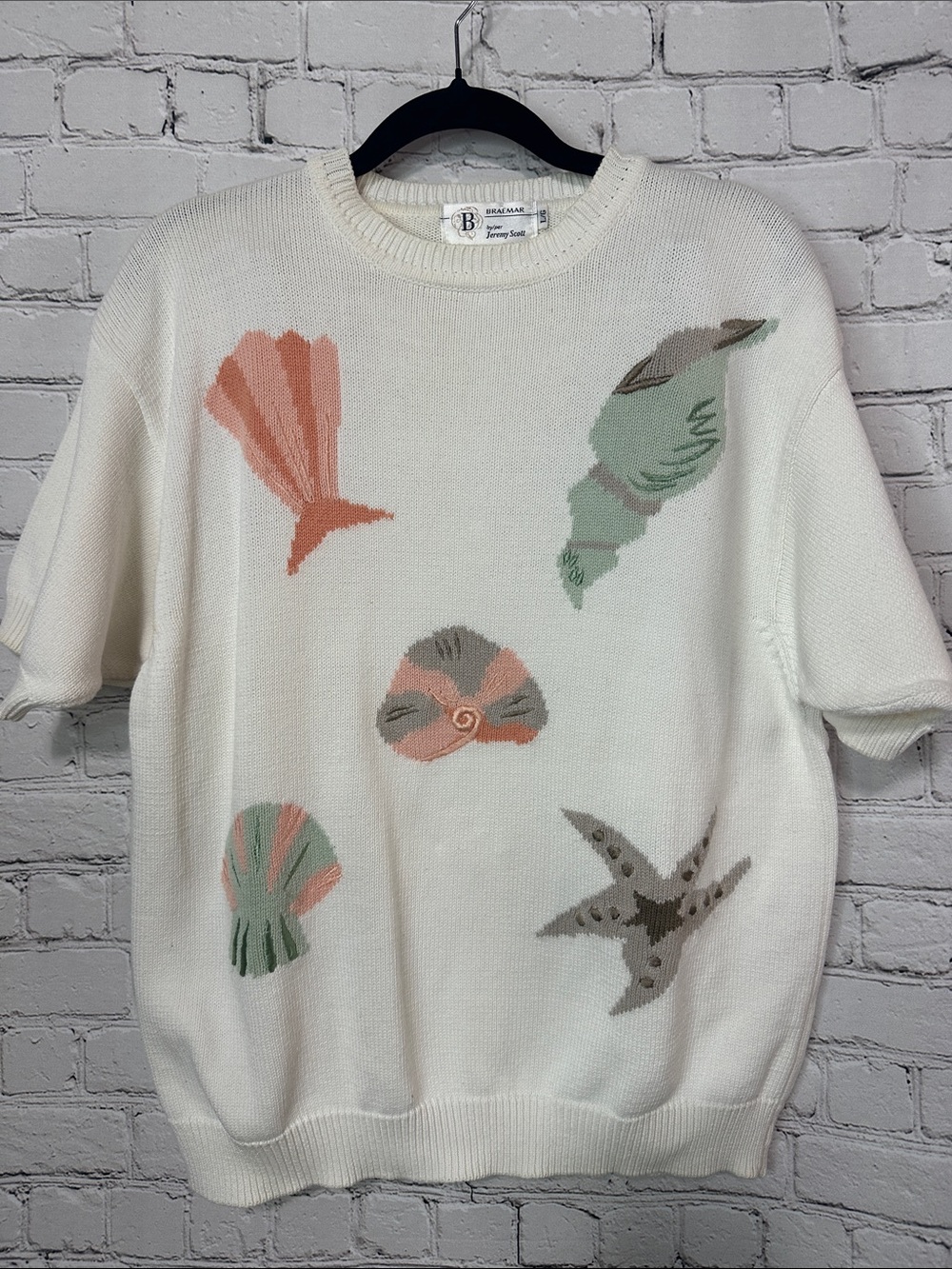 Vintage Braemar Jeremy Scott 100% Cotton Seashell Short Sleeve Sweater L